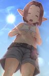  1boy artist_request blue_sky brown_hair crop_top ell final_fantasy final_fantasy_xiv from_below lalafell navel open_mouth pointy_ears shorts sky solo stomach sun sunlight 