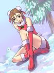  bell boots brown_eyes brown_hair bun_cover christmas chun-li double_bun dress earrings elbow_gloves fur_boots fur_trim gloves jewelry knee_boots red_dress red_footwear red_gloves santa_boots santa_costume seed01010 short_dress sitting sleeveless sleeveless_dress snow snowman solo street_fighter 