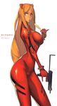  bad_proportions bodysuit breasts covered_nipples cowboy_shot eyelashes food grey_eyes gun hairpods highres ice_(ice_factory) imi_uzi large_breasts lips long_hair neon_genesis_evangelion nose orange_hair pinky_out plugsuit popsicle rebuild_of_evangelion sidelocks skin_tight solo souryuu_asuka_langley submachine_gun trigger_discipline weapon 