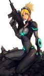  absurdres blonde_hair blue_eyes bodysuit breasts full_body goggles goggles_on_head gun highres ice_(ice_factory) lips neon_trim nose nova_(starcraft) one_knee ponytail rifle skin_tight small_breasts solo starcraft terran_ghost weapon 