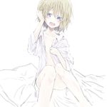  1girl bangs blonde_hair blue_eyes collarbone erica_hartmann hair_between_eyes hand_on_head hand_on_own_head midriff monochrome open_clothes open_mouth open_shirt pillow re:chaen shirt short_hair simple_background solo strike_witches white_background yukimochi_(yume) 