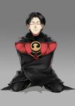 batman_(series) cape dc_comics eyes_closed gradient gradient_background kneeling male_focus red_robin solo tim_drake 