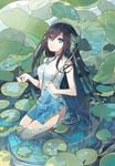  black_hair blue_eyes china_dress chinese_clothes dress flower fre lily_pad long_hair looking_up lotus million_arthur_(series) parted_lips partially_submerged puddle rain seiza short_dress sitting sleeveless sleeveless_dress solo very_long_hair water 
