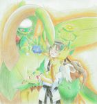  ahoge animal black_hair blush brown_eyes bulbasaur closed_eyes colored_pencil_(medium) gen_1_pokemon gen_2_pokemon gen_3_pokemon gen_4_pokemon gen_6_pokemon gogoat holding holding_animal holding_pokemon leafeon magi_the_labyrinth_of_magic maki_kiyoshihana oddish one_eye_closed open_mouth pokemon pokemon_(creature) red_eyes ren_hakuryuu roserade skiploom traditional_media tropius 