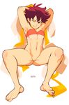  armpits barefoot black_hair bottomless bra breasts brekkist choker feet highres invisible_chair makoto_(street_fighter) navel one_eye_closed pussy red_bra ribbon_choker short_hair sitting small_breasts soles solo spread_legs strapless strapless_bra street_fighter toes tomboy toned underwear 
