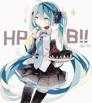  aqua_eyes aqua_hair birthday cake character_name detached_sleeves eating food hatsune_miku long_hair necktie skirt solo thighhighs twintails very_long_hair vocaloid white_background youshun_(sugafo) 