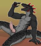  2015 abs anthro balls beard claws cum facial_hair knot male muscular pecs penis scalie solo spikes tojo_the_thief 