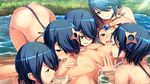  5girls blue_hair blush brown_eyes brown_hair censored clone game_cg grey_eyes hair_ornament hair_over_one_eye hetero licking lying mahan mio_(oo_yuusha_yo_itte_shimau_to_wa_nasakenai!) mosaic_censoring multiple_girls nude on_back oo_yuusha_yo_itte_shimau_to_wa_nasakenai! open_mouth oral partially_submerged penis short_hair smile tongue tongue_out water wavy_mouth yuusha_arefushia 