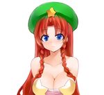  alternate_costume bad_id bad_pixiv_id bare_shoulders beret blue_eyes braid breasts cleavage collarbone commentary_request hat hong_meiling large_breasts long_hair looking_at_viewer red_hair simple_background solo star sweatdrop touhou twin_braids upper_body white_background yostxxx 