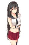  adjusting_clothes adjusting_gloves bad_id bad_pixiv_id black_hair breasts brown_eyes cleavage commentary_request gloves groin hair_down highres kanpyou_(hghgkenfany) kantai_collection large_breasts long_hair looking_at_viewer miniskirt navel red_skirt school_uniform serafuku single_thighhigh skirt solo thighhighs white_background white_gloves yahagi_(kantai_collection) 