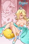  artist_name blonde_hair blush breasts chiko_(mario) collarbone crown dress dual_persona earrings eyelashes flying_sweatdrops green_eyes hair_over_one_eye highres hug jewelry knees_together_feet_apart long_hair looking_at_viewer mario_(series) medium_breasts mouth_hold nipples no_bra open_mouth puffy_nipples rosetta_(mario) sitting smile solo sparkle star super_mario_bros. super_mario_galaxy topless wand x-teal2 