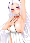  arm_up armpits bad_id bad_pixiv_id blush breasts closers highres huge_breasts levia_(closers) long_hair looking_at_viewer mapar purple_eyes sideboob simple_background solo white_background white_hair 