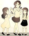  highres idolmaster idolmaster_(classic) idolmaster_million_live! kisaragi_chihaya kitazawa_shiho long_hair mary_janes microphone mogami_shizuka monochrome multiple_girls pclbang shoes younger 