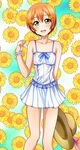  bare_shoulders cosplay dress flower gokou_ruri gokou_ruri_(cosplay) hair_flower hair_ornament hat hat_removed headwear_removed highres hoshizora_rin kenken looking_at_viewer love_live! love_live!_school_idol_project open_mouth orange_hair ore_no_imouto_ga_konna_ni_kawaii_wake_ga_nai short_hair smile solo sun_hat sundress sunflower_hair_ornament yellow_eyes 