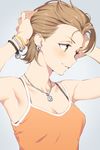  adjusting_hair aida_takanobu armpits bangle bare_shoulders bra_strap bracelet breasts brown_hair camisole crescent crescent_earrings earrings eyelashes green_eyes grey_hair idolmaster idolmaster_cinderella_girls jewelry kimura_natsuki light_smile looking_away looking_to_the_side medium_breasts necklace parted_lips pendant short_hair simple_background solo spaghetti_strap star upper_body 