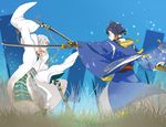  blue_eyes blue_hair hood japanese_clothes katana male_focus mikazuki_munechika mou_(mooooow) multiple_boys open_mouth petals sayagata smile sword touken_ranbu tsurumaru_kuninaga weapon white_hair wide_sleeves yellow_eyes 