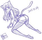  2015 :o all_fours animal_ears ass blush cat_ears cat_tail dated glasses kamogawa_tanuki long_hair long_sleeves looking_back military military_uniform monochrome pantyhose perrine_h_clostermann purple signature sketch solo strike_witches tail torn_clothes torn_legwear uniform world_witches_series 