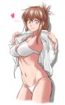  absurdres bikini breasts brown_eyes brown_hair cleavage commentary_request folded_ponytail hair_ornament hairclip heart highres inazuma_(kantai_collection) kantai_collection large_breasts looking_at_viewer medium_hair midriff navel older removing_shirt shirt sketch smile solo sozan swimsuit undressing white_background white_bikini white_shirt 