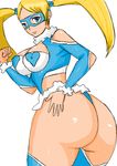  1girl artist_request ass bare_shoulders blonde_hair blue_eyes breasts capcom domino_mask erect_nipples female from_behind huge_ass large_breasts leotard long_hair looking_at_viewer looking_back mask open_mouth rainbow_mika shiny shiny_skin simple_background smile solo street_fighter street_fighter_zero street_fighter_zero_3 street_fighter_zero_iii thong thong_leotard twintails 