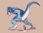  2015 allosaurus ambiguous_fluids animal_genitalia anthro anus blue_scales butt butt_grab claws digitigrade dildo dinosaur furikake genital_slit hand_on_butt hi_res leaning leaning_forward looking_back male muscular penis penis_tip raised_tail rear_view red_eyes sain saliva scalie sex_toy simple_background slit slit_play smile solo spines spread_slit tongue tongue_out 