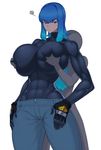  abs angry blue_eyes blue_hair breasts covered_nipples denim frown gradient_hair highres huge_breasts impossible_clothes jeans long_hair multicolored_hair muscle muscular_female nipple_tweak original pants skin_tight space_jin squiggle sweatdrop thick_thighs thighs zoe_(space_jin) 