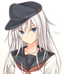  anchor_symbol bad_id bad_pixiv_id blue_eyes character_name collarbone commentary_request hat hibiki_(kantai_collection) kanpyou_(hghgkenfany) kantai_collection long_hair looking_at_viewer school_uniform serafuku silver_hair solo upper_body 