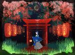  blue_hair crescent_moon fox_mask grass japanese_clothes lantern male_focus mask mikazuki_munechika moon mou_(mooooow) object_namesake paper_lantern solo torii touken_ranbu tree 