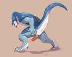  2015 allosaurus animal_genitalia anthro anus blue_scales butt butt_grab claws digitigrade dinosaur erection furikake genital_slit hand_on_butt leaning leaning_forward looking_back male muscular penis precum presenting raised_tail rear_view red_eyes sain saliva scalie simple_background slit smile solo spines tongue tongue_out 