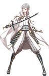  armor black_gloves full_body gloves izumi_(nagashi) japanese_armor japanese_clothes katana kusazuri male_focus official_art partly_fingerless_gloves sheath silver_hair solo sword touken_ranbu transparent_background tsurumaru_kuninaga weapon yellow_eyes 