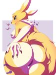 2024 absurd_res anthro aquakey bandai_namco big_breasts blush bodily_fluids breasts butt canid canine clothed clothing digimon digimon_(species) female fox fur hair hi_res invalid_tag looking_at_viewer mammal nintendo nipples pokemon pokemon_(species) renamon simple_background solo white_body white_fur yellow_body yellow_fur