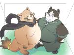 2024 4:3 anthro belly big_belly canid canine canis clothed clothing domestic_dog duo hi_res inunoshippo kemono male mammal one_eye_closed overweight overweight_male popori raccoon_dog scarf simple_background tanuki tera_online wink