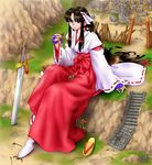  armor axe eichikei_(hakuto) giantess japanese_clothes miko ruins sandals shoes single_shoe solo sword weapon 