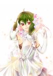  dress elbow_gloves flower gloves green_hair hair_ornament highres macross macross_frontier nadir ranka_lee red_eyes solo wedding_dress 