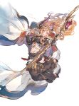  absurdres asymmetrical_bangs bell-bottoms bow_(weapon) brown_hair cape detached_pants granblue_fantasy hair_ornament head_wings highres midriff pants shimatani_azu tweyen_(granblue_fantasy) weapon wings wrist_straps 