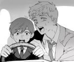  2boys chainsaw_man chilchuck_tims collared_shirt constricted_pupils driving dungeon_meshi greyscale hand_on_another&#039;s_shoulder highres jacket laios_touden looking_at_viewer male_focus meme monochrome multiple_boys necktie no_pupils open_mouth power_crashes_kobeni&#039;s_car_(meme) scene_reference shirt short_hair steering_wheel suit sweat upper_body wide-eyed zarame_pfpf 