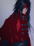  1boy belt_buckle black_hair black_jacket buckle cape cloak closed_mouth final_fantasy final_fantasy_vii final_fantasy_vii_rebirth final_fantasy_vii_remake grey_background hair_between_eyes headband highres jacket kanoe_k long_hair looking_at_viewer male_focus red_cape red_cloak red_eyes red_headband solo upper_body vincent_valentine 