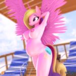3d_(artwork) anthro areola bangs beach beach_chair belly big_belly big_breasts big_tail blonde_hair breasts butt casual_nudity closed_smile clothing colored curvy_figure cutie_mark digital_media_(artwork) eqamrd equid equine eyebrows eyelashes female friendship_is_magic hair hand_behind_head happy hasbro horn hourglass_figure long_hair looking_aside mammal mouth_closed multicolored_hair my_little_pony mythological_creature mythological_equine mythology nipples nude outside patreon patreon_logo pink_body pink_horn pink_skin pink_wings pose pregnant pregnant_anthro pregnant_female princess_cadance_(mlp) purple_eyes sky smile solo spread_wings standing summer tail unicorn_horn winged_unicorn wings