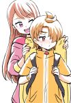  1boy 1girl bag brown_hair hair_over_one_eye height_difference highres hijiri_ageha hirogaru_sky!_precure jacket long_hair long_sleeves looking_at_another open_mouth orange_eyes orange_hair precure puffy_long_sleeves puffy_sleeves purple_eyes school_bag shy simple_background smile upper_body uraki white_background yellow_jacket yuunagi_tsubasa 