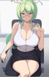  blush breasts ceres_fauna cleavage glasses green_hair holocouncil hololive hololive_english horns large_breasts looking_at_viewer office office_lady ponytail shirt sitting skirt thick_thighs thighs yellow_eyes zeropen 