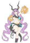  1girl alternate_costume arknights breasts cheerleader commentary english_commentary female_pubic_hair highres holding holding_pom_poms horns long_hair looking_at_viewer midriff mismatched_pubic_hair navel nipples pom_pom_(cheerleading) pubic_hair purple_hair skirt sokolov_(sylviasokolova) solo tail thighs typhon_(arknights) underboob 
