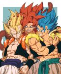  absurdres biceps black_wristband blue_eyes blue_sash body_fur brown_fur dragon_ball dragon_ball_gt dragon_ball_super dragon_ball_z gogeta halo highres male_focus metamoran_vest monkey_boy monkey_tail multiple_persona muscular muscular_male no_nipples pants pectorals red_hair relio_db318 sash simple_background smile spiked_hair super_saiyan super_saiyan_1 super_saiyan_4 super_saiyan_blue tail veins veiny_hands white_pants 