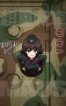  1girl black_hat black_jacket blue_eyes camouflage commentary dated dress_shirt ehirorotoon english_text from_above garrison_cap girls_und_panzer grin hands_on_own_hips happy_birthday hat hida_ema highres insignia jacket kuromorimine_military_uniform long_sleeves looking_at_viewer maus_(tank) military_hat military_uniform military_vehicle motor_vehicle red_shirt shirt short_hair smile solo tank uniform wing_collar 