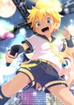  1boy aota_xxx bass_clef belt black_shorts blonde_hair blue_eyes blurry blurry_background full_moon highres holding holding_microphone idol kagamine_len legs_apart male_focus microphone moon necktie night open_mouth sailor_collar shirt short_hair short_sleeves shorts solo stage stage_lights teeth upper_teeth_only vocaloid white_shirt yellow_necktie 