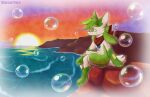 ambiguous_gender anthro bubble buns_and_foxes cloud generation_4_pokemon green_body hi_res kerchief neckerchief nintendo painting_(artwork) paws pokemon pokemon_(species) pokemon_mystery_dungeon riolu sea shore sitting solo spike_chunsoft sunset time_gear traditional_media_(artwork) water watercolor_(artwork) white_body