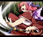  animal_ears head_scarf japanese_clothes mystia_lorelei naginata okamisty open_mouth pink_hair polearm short_hair solo touhou umakatsuhai weapon wings 