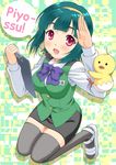  arm_hug bird chick clipboard green_hair hairband headset hug idolmaster idolmaster_(classic) microphone mole mole_under_mouth nokia_(harusion) otonashi_kotori red_eyes salute short_hair solo thighhighs 