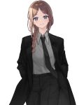  1girl bang_dream! bang_dream!_it&#039;s_mygo!!!!! black_coat black_necktie black_pants blue_eyes blush braid brown_hair coat collared_shirt commentary_request cowboy_shot grey_shirt hands_in_pockets highres long_hair long_sleeves looking_at_viewer mocaraneru nagasaki_soyo necktie open_clothes open_coat open_mouth pants parted_bangs shirt simple_background single_braid smile solo suit variant_set white_background 