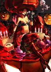  boots breasts candle candy cleavage earrings food gloves glowing glowing_eyes halloween hat holysnow jack-o'-lantern jewelry kiseru medium_breasts navel original pantyhose pink_eyes pipe pumpkin red_legwear short_hair skirt skull smoking solo striped striped_legwear 