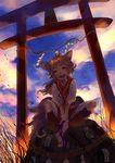  :d animal_ears blonde_hair fangs fox_ears highres kyouichi ofuda open_mouth original purple_eyes rock sandals shade sitting sitting_on_rock sky smile solo tail torii youkai 