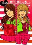  2girls american_flag blonde_hair bow brown_hair closed_mouth commentary_request copyright_name earrings english_text flag_background green_eyes hannah_montana hoop_earrings jewelry miley_stewart multiple_girls open_mouth red_bow smile teeth torihuhu 